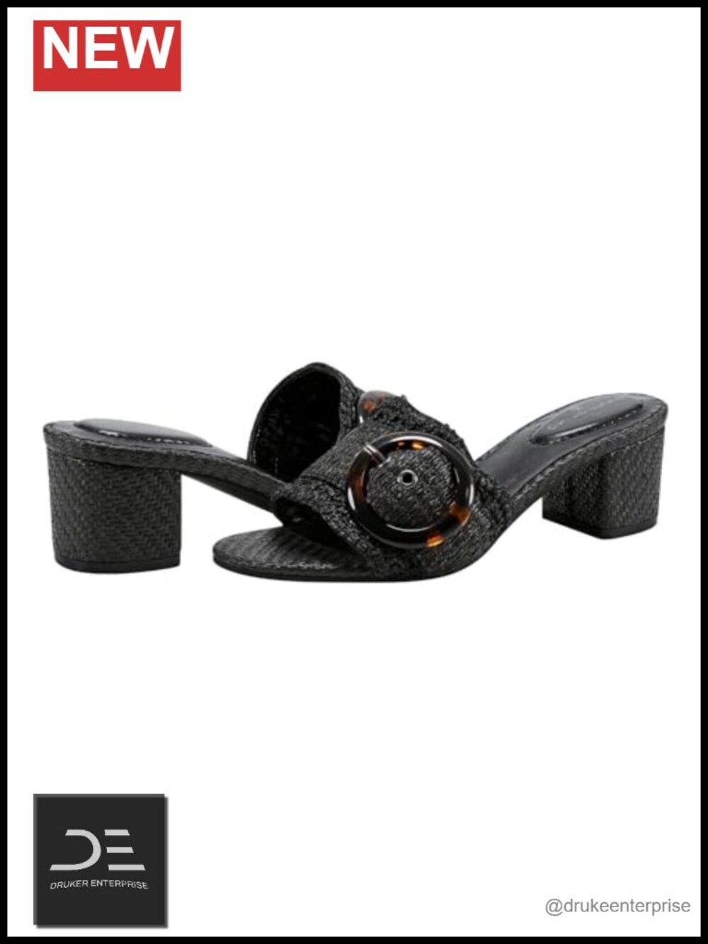 Raffia Crochet Mid Heel Slide Sandals with Oversize Buckle